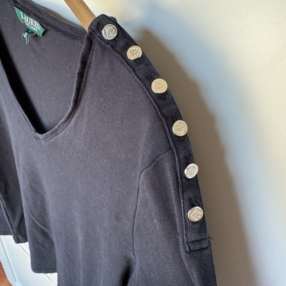 Lauren Ralph Lauren Women’s Long Sleeve V Neck LARGE- Black- Button Shoulder - Picture 4 of 8